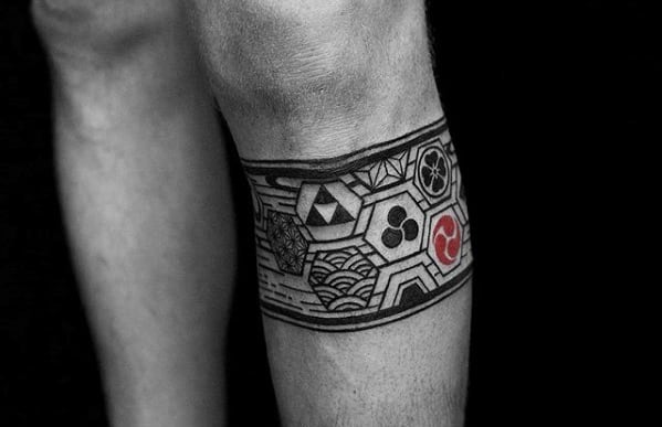 Mens Red And Black Ink Symbols Leg Band Tattoo