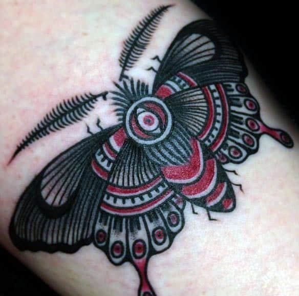 Mens Red And Black Ink Traditional Moth Tattoo On Forearm