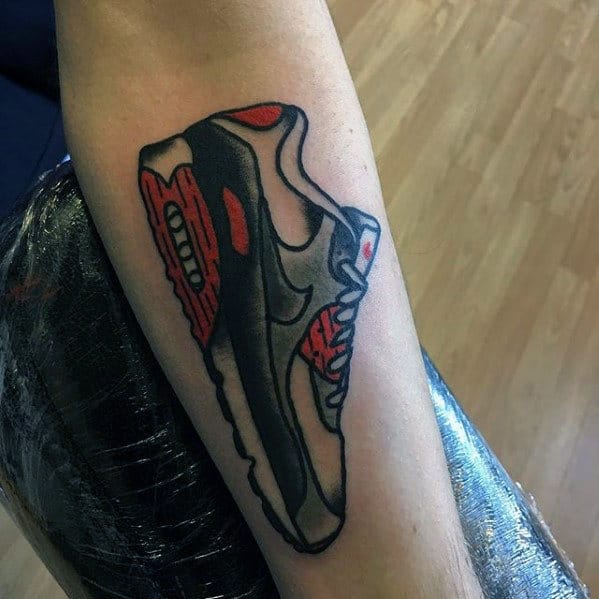 Mens Red And Black Shaded Inner Forearm Nike Sneaker Tattoo Designs