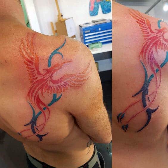 Mens Red And Blue Phoenix Shoulder And Back Tattoos