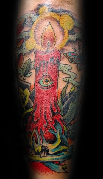 Mens Red Candle Wax On Skull Forearm Sleeve Traditional Tattoos