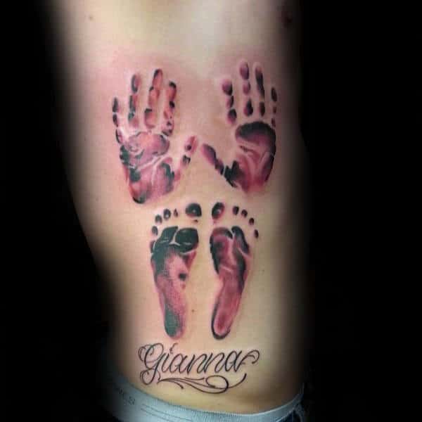 Mens Red Ink Handprint And Footprint Rib Cage Side Tattoo