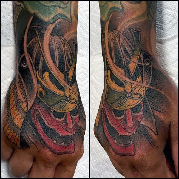 Mens Red Mask With Samurai Helmet Hand Tattoo