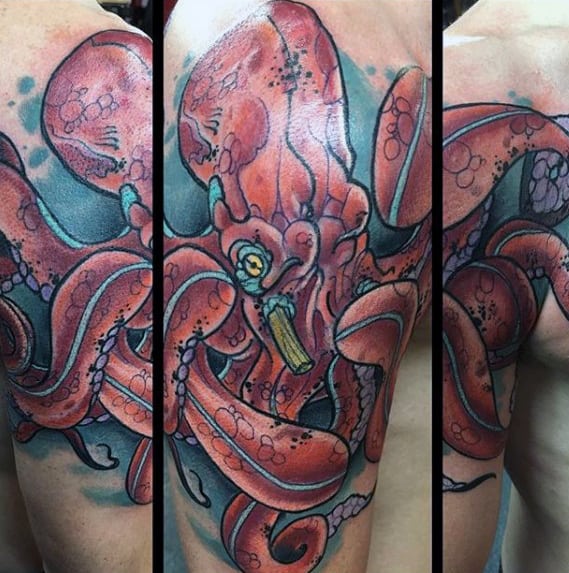 Mens Red Octopus With Blue Watercolor Background Arm Tatoo