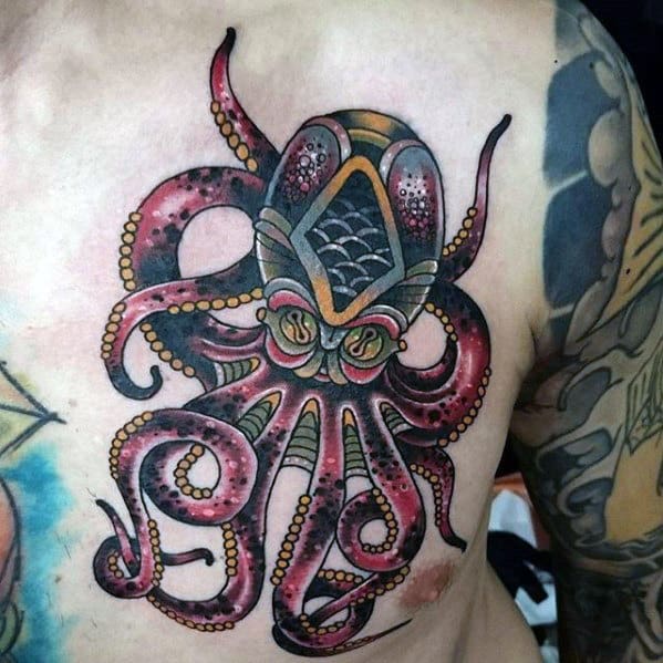 Mens Retro Old School Traditonal Octopus Upper Chest Tattoo