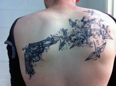 Mens Revolver Origami Swan Back Tattoo