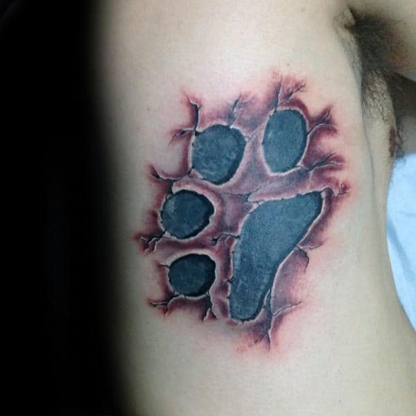 Mens Rib Cage Side 3d Stone Dog Paw Print Tattoo Designs