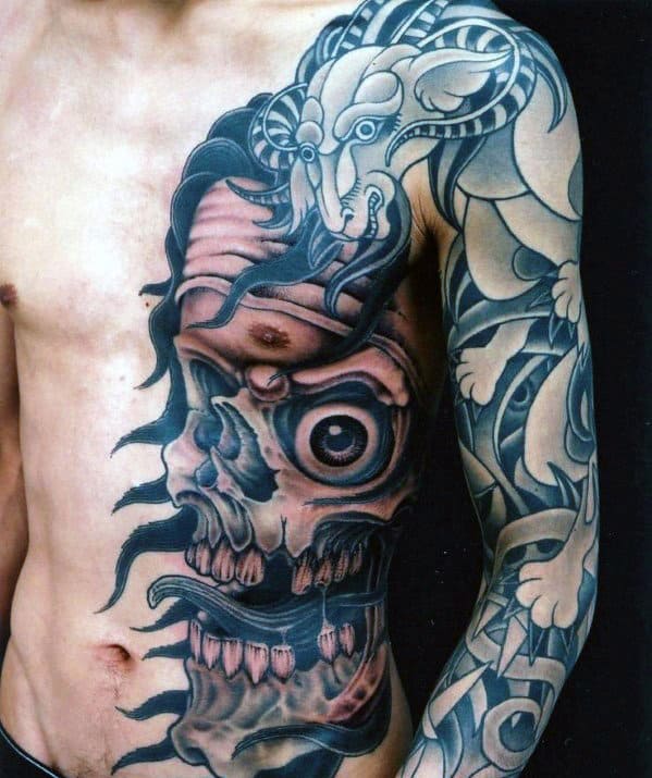 Mens Rib Cage Side And Chest Skull Tattoo Designs