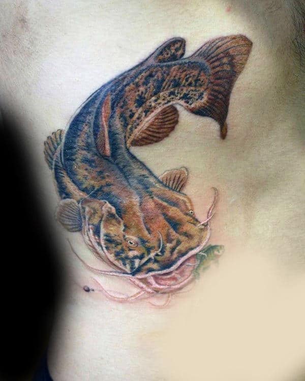 Mens Rib Cage Side Catfish Tattoo Inspiration