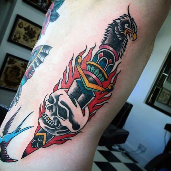 Mens Rib Cage Side Dagger Skull Traditional Tattoos