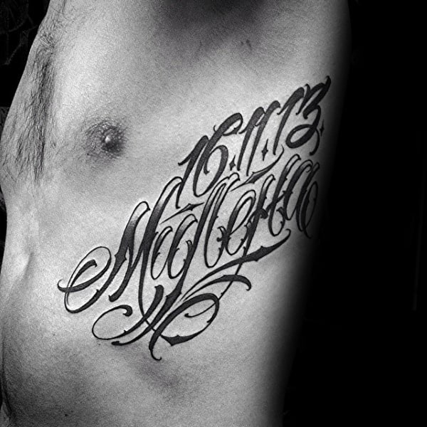 Mens Rib Cage Side Date With Script Tattoo Designs