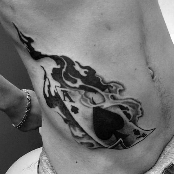 Mens Rib Cage Side Grey Ace Of Spades On Fire Tattoo