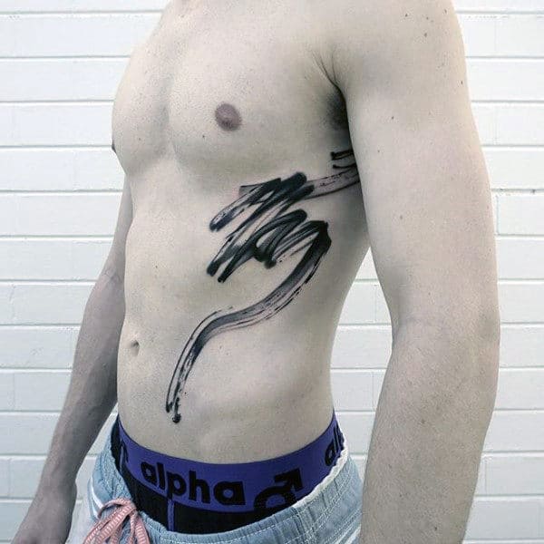 Mens Rib Cage Side Paint Brush Stroke Tattoo