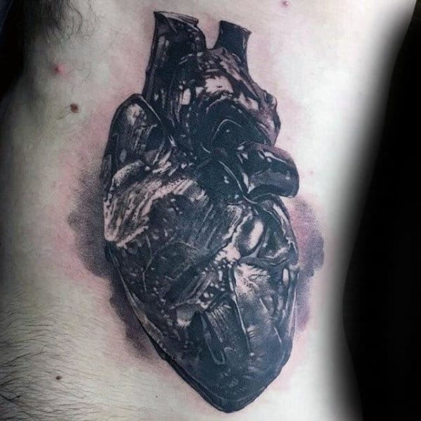 Mens Rib Cage Side Shaded Anatomical Heart Realistic Tattoos