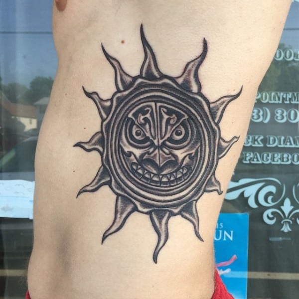 Mens Rib Cage Side Tribal Sun Tattoo Ideas