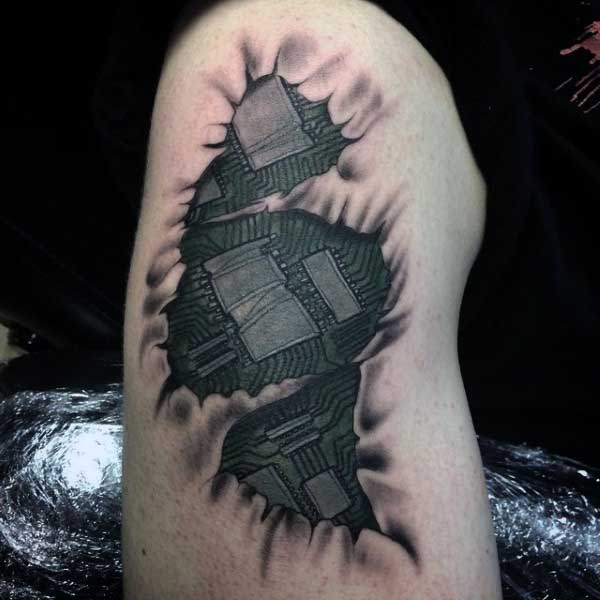 Mens Rip Skin Tattoo Electronic Computer Chips On Leg