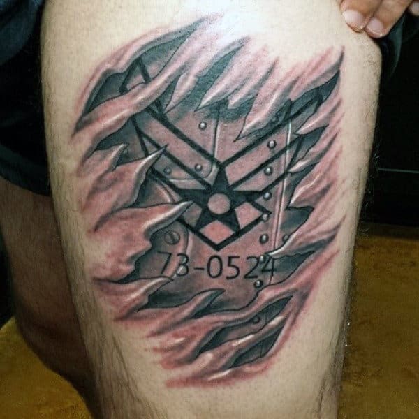 Mens Ripped Skin Air Force Thigh Tattoo Of Plane Wing