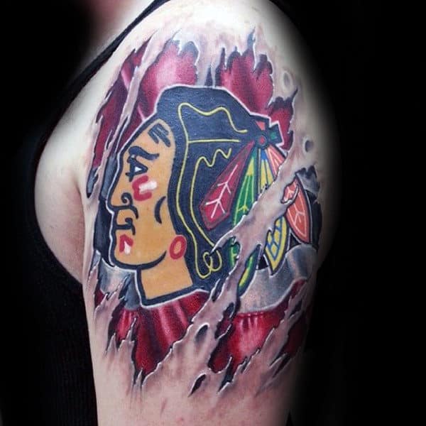 Mens Ripped Skin Chicago Blackhawks Tattoo On Upper Arm
