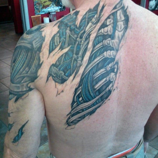 Mens Ripped Skin Exposed Spinal Cord Tattoo On Back