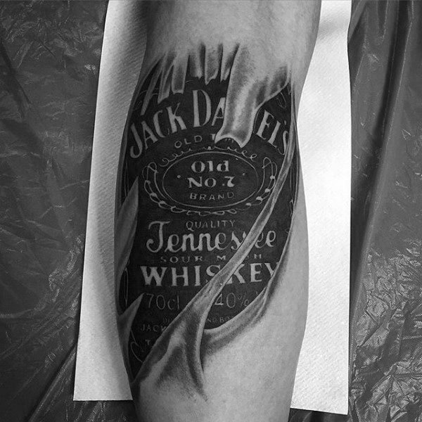 Mens Ripped Skin Jack Daniels Label Leg Calf Tattoo