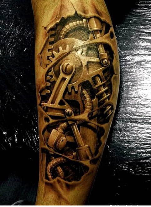 Mens Ripped Skin Tattoo With Realistic 3d Mechanical Gears On Leg