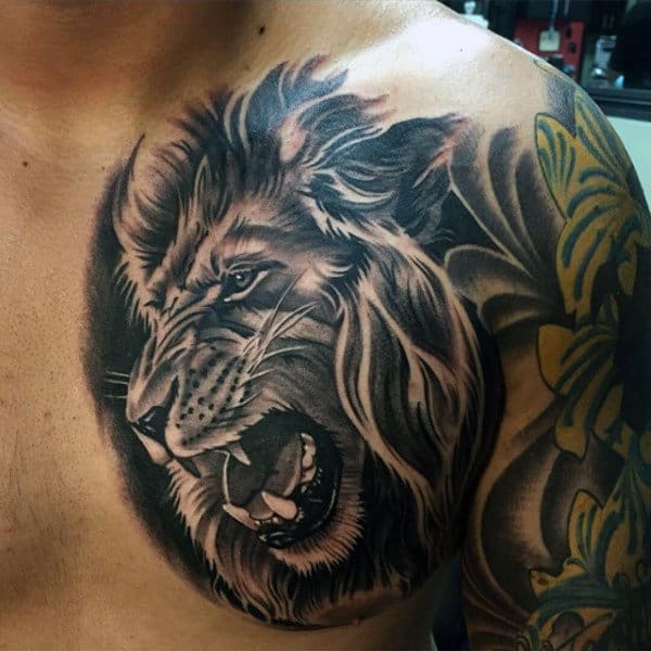 Mens Roaring Lion Black Ink Chest Tattoo Design Inspiration