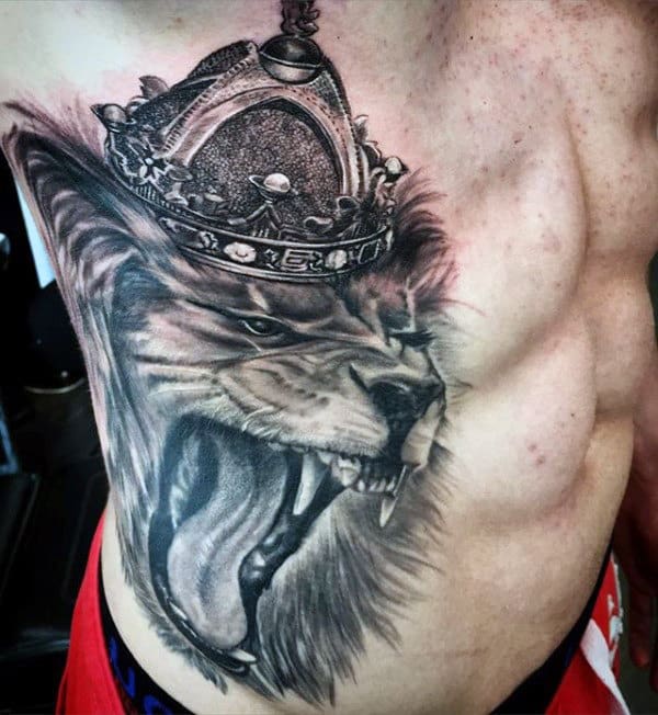 Mens Roaring Lion Crown Rib Cage Side Tattoos