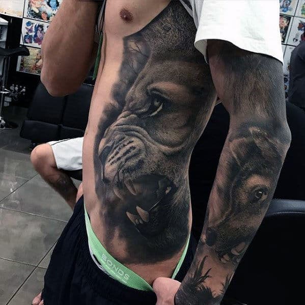 Mens Roaring Lion Realistic Rib Cage Side Tattoo