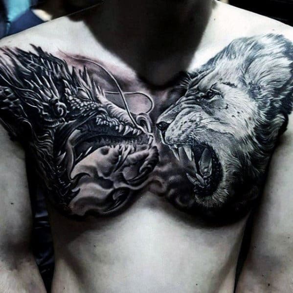 Mens Roaring Lion With Angry Dragon Tattoo On Upper Chest