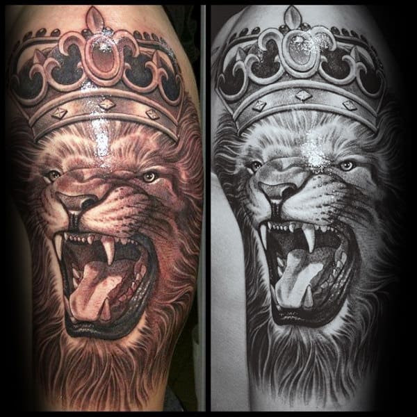 Mens Roaring Lion With Crown Half Sleeve Tattoos