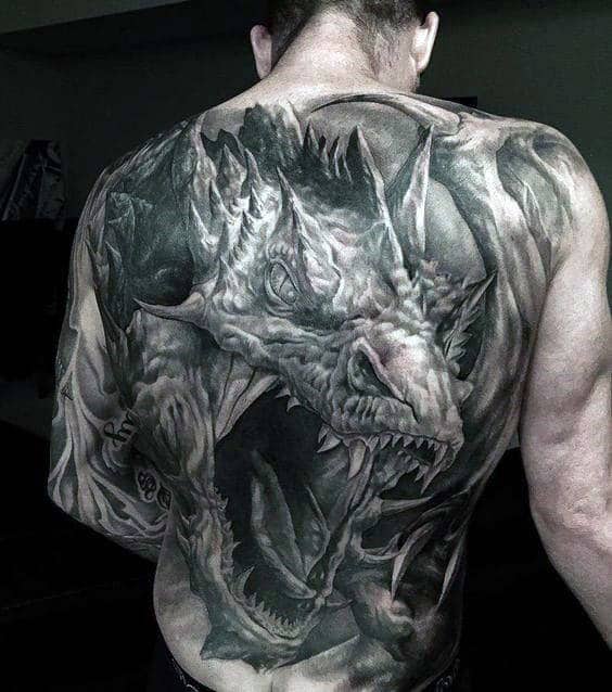 Mens Roaring Realistic 3d Full Back Dragon Themed Tattoo Ideas