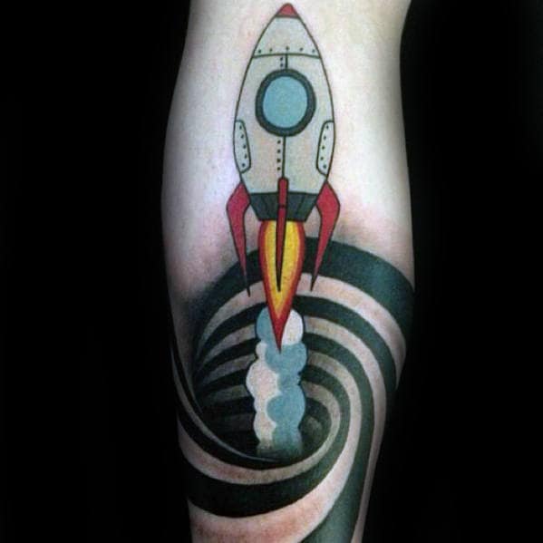 Mens Rocket Ship Optical Illusion Spiral Leg Tattoo