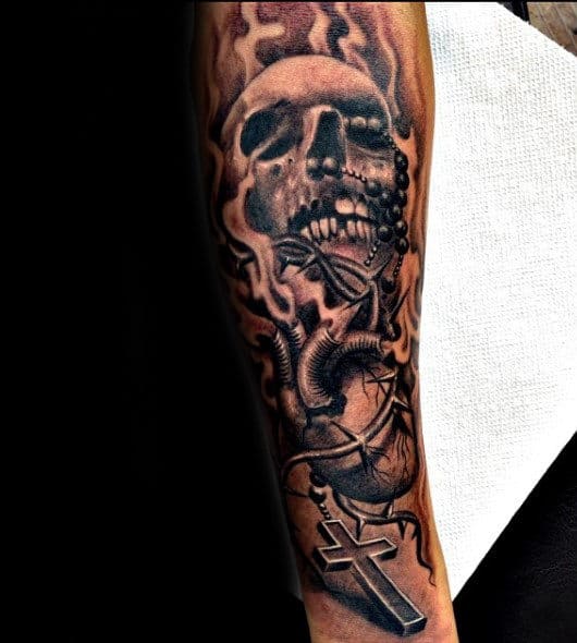 Mens Rosaries Tattoos With Skull On Forearm