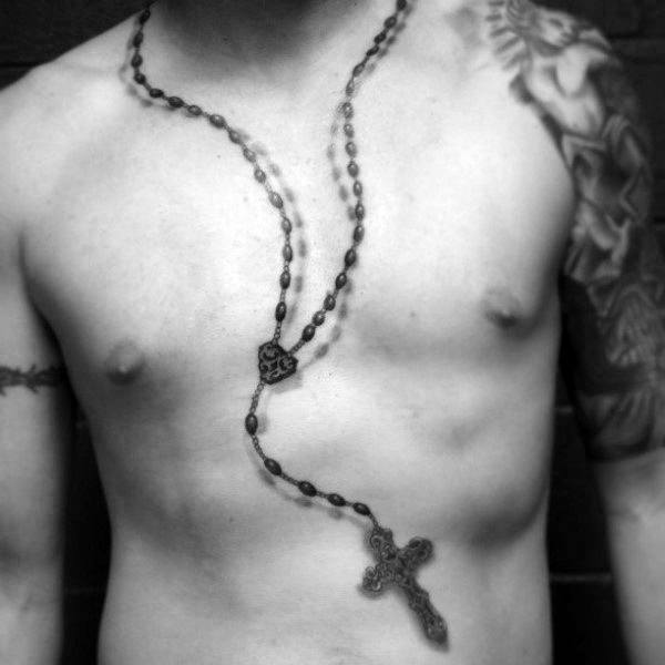 Mens Rosary Beads Tattoo On Chest With 3d Hanging Necklace Effect