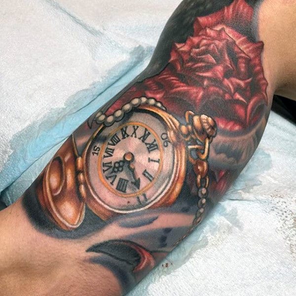 Mens Rose And Golden Pocket Watch Tattoo On Arms