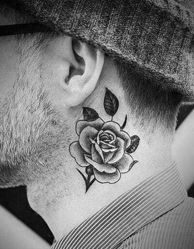 Mens Rose Flower Cool Shaded Small Neck Tattoo