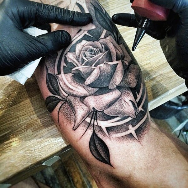 Mens Rose Flower Dotwork Inner Arm Tattoos