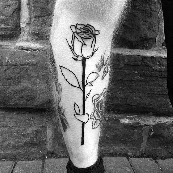 Mens Rose Flower Simple Leg Tattoo