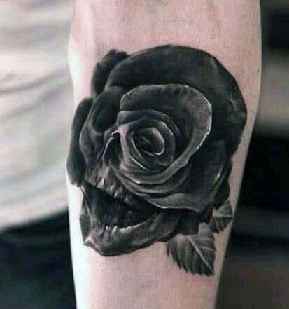 Mens Rose Skull Small Optical Illusion Black Ink Tattoo On Forearm