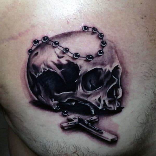 Mens Rose With Rosary Tattoo Upper Chest Skull Design Shaded