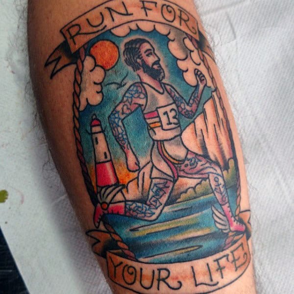 Mens Run For Your Life Old School Leg Tattoo Design Ideas