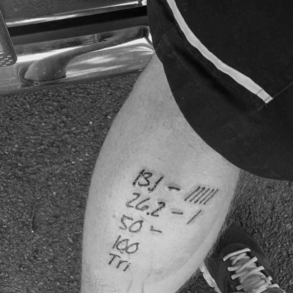 Mens Running Tattoo Mile Count On Leg Calf