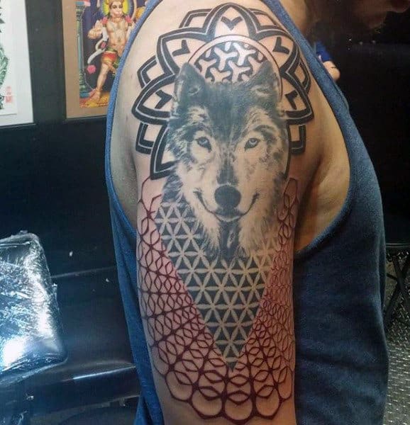 Mens Sacred Geometry Shape Tattoo With Wolf On Arm