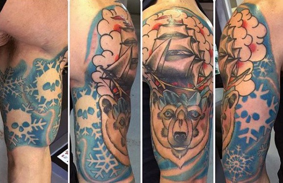 Mens Sailing Ship With Polar Bear Half Sleeve Tattoos