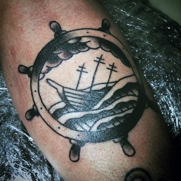 Mens Sailor Jerry Tattoo Of Wheel And Ship Inside