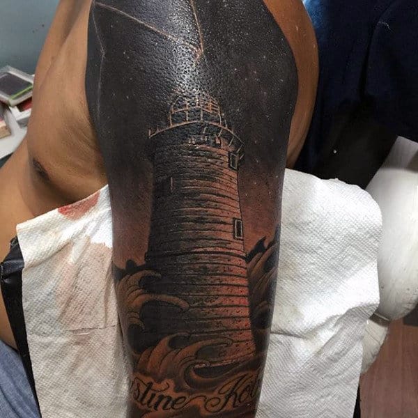 Mens Sailor Tattoo Of Lighthouse Sleeve