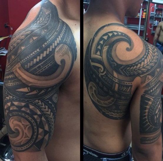 Mens Samoan Tribal Spiral Back And Arm Tattoos