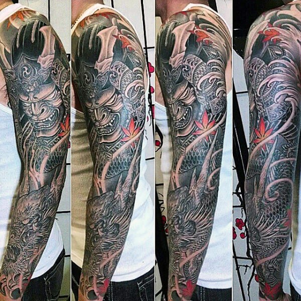 Mens Samurai Mask And Coiled Dragon Traditional Japanese Tattoo Full Sleeve