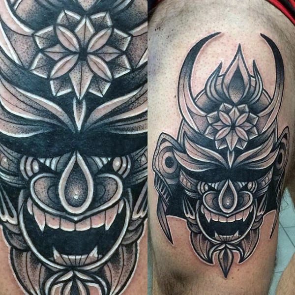 Mens Samurai Mask And Flower Black Ink Tattoo