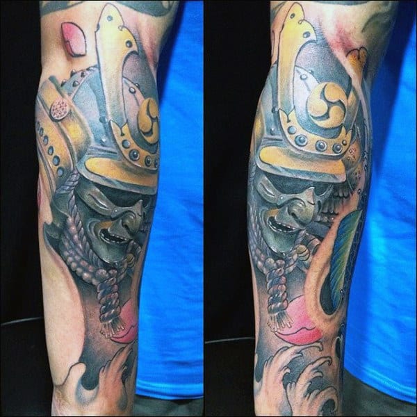 Mens Samurai Mask On Waves Half Sleeve Tattoo